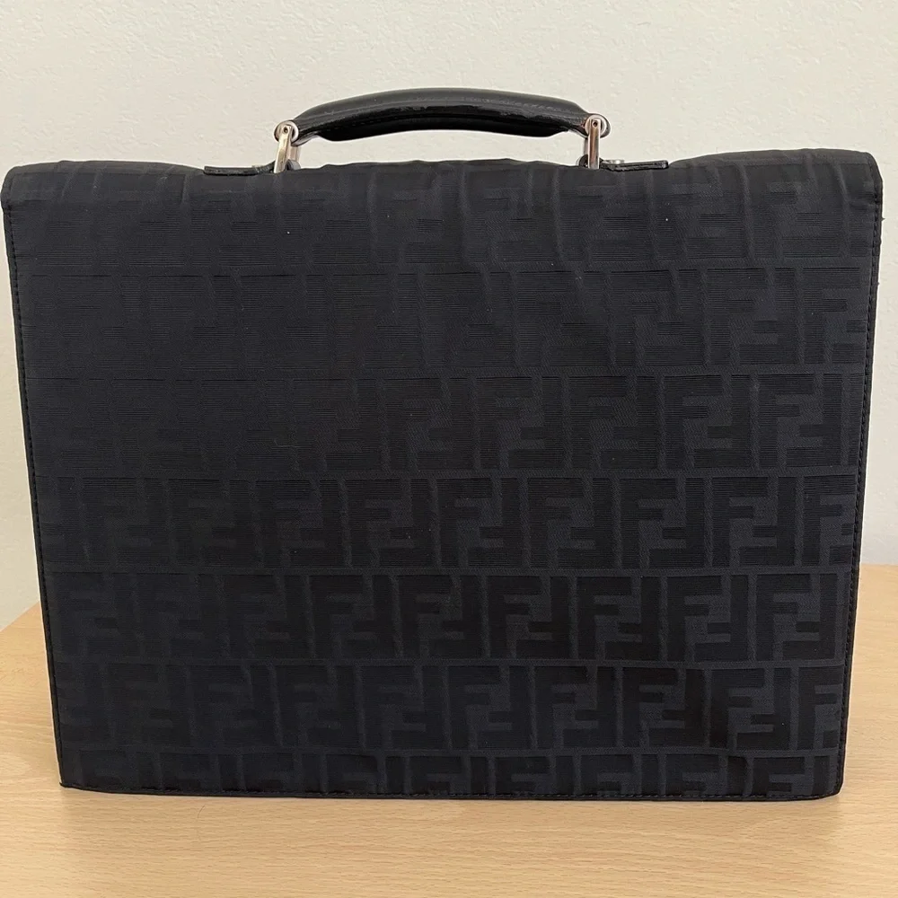 Rare FENDI Zucca Black Monogram Briefcase Unisex Canvas Leather EUC 1990s